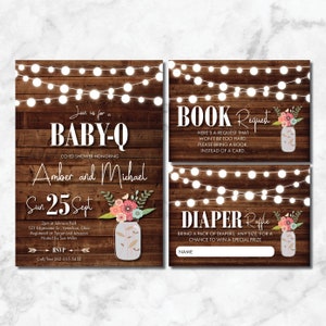 K&ouml;nnte beinhalten: Ein rustikaler Holzhintergrund mit Lichterketten und einer druckbaren Einladung zu einer Babyparty. Die Einladung lautet "Join us for a Baby-Q" und enth&auml;lt die Namen Amber und Michael, das Datum und die RSVP-Informationen. Es gibt auch zwei druckbare Karten f&uuml;r eine Buchwunschliste und eine Windeltombola.