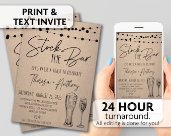 May include: A printable invitation for a "Stock the Bar" party with a rustic brown background and string lights. The invitation features a handwritten font and a graphic of a beer and champagne glass. The text reads "Let's raise a toast to celebrate Theresa + Anthony" and includes the date, time, and location of the party. The invitation also includes the text "Bring a bottle of your favorite wine or spirit".