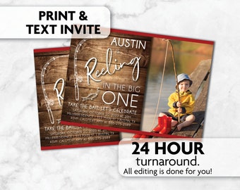 May include: A printable invitation for a first birthday party with a fishing theme. The invitation features a cartoon fishing rod, a fish, and the text "Austin is Reeling in the Big One". The invitation also includes the date, time, and location of the party.