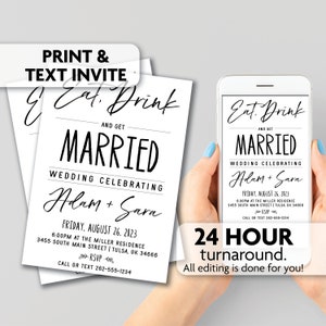 Comer, beber y casarse / Invitación de boda moderna / Imprimir, enviar un mensaje de texto o invitar por correo electrónico
