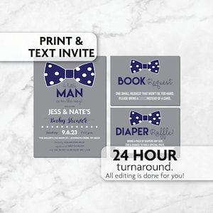 Invitation à la baby shower Little Man avec nœud papillon | Tirage au sort | Réserver une carte | Invitation à imprimer, texter ou envoyer un e-mail