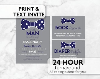 Little Man Baby Shower Invitation with Bow Tie | Diaper Raffle | Book Card | Print, Text or Email Invite