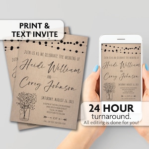 May include: A printable wedding invitation with a rustic brown background and black string lights. The invitation reads "Join us as we celebrate the wedding of Heidi William and Corey Johnson" with the date and time of the wedding. The invitation also includes a drawing of a mason jar with flowers and a heart.