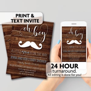 Oh Boy | Little Man Baby Shower Invitations | Mustache | Print, Text or Email Invite