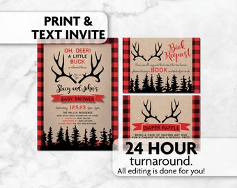 Oh Deer Baby Shower Invitations | Diaper Raffle | Book Request | Antlers | Little Buck | Print, Text or Email Invite