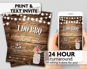 I Do BBQ Engagement Invitation | Rustic  | String Lights | Wood | Mason Jar | Print, Text or Email Invite