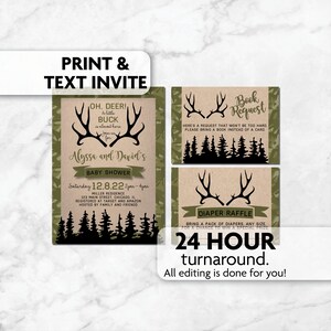 May include: A green and brown baby shower invitation featuring a deer silhouette and the text "Oh, Deer! A little buck is almost here for Alyssa and David's Baby Shower". The invitation includes the date, time, and location of the shower. There is also a diaper raffle and a book request card.