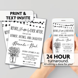 May include: Black and white printable co-ed shower invitation with string lights and a mason jar with flowers. The invitation reads "Before Happily Ever After. Join us for dinner, drinks, and laughter. Co-ed shower honoring Amanda + Noah. Saturday, September 24, 2023. 4:30pm at 1840 Country Club Circle, Athens, GA 30833. Registry: Target and Amazon. Hosted by: Molly Usry. RSVP. Call or text 555-699-2516."