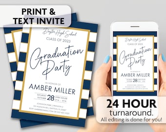 Graduation Party Invitation | Print, Text or Email Invite | Class of 2023 | Navy and Gold