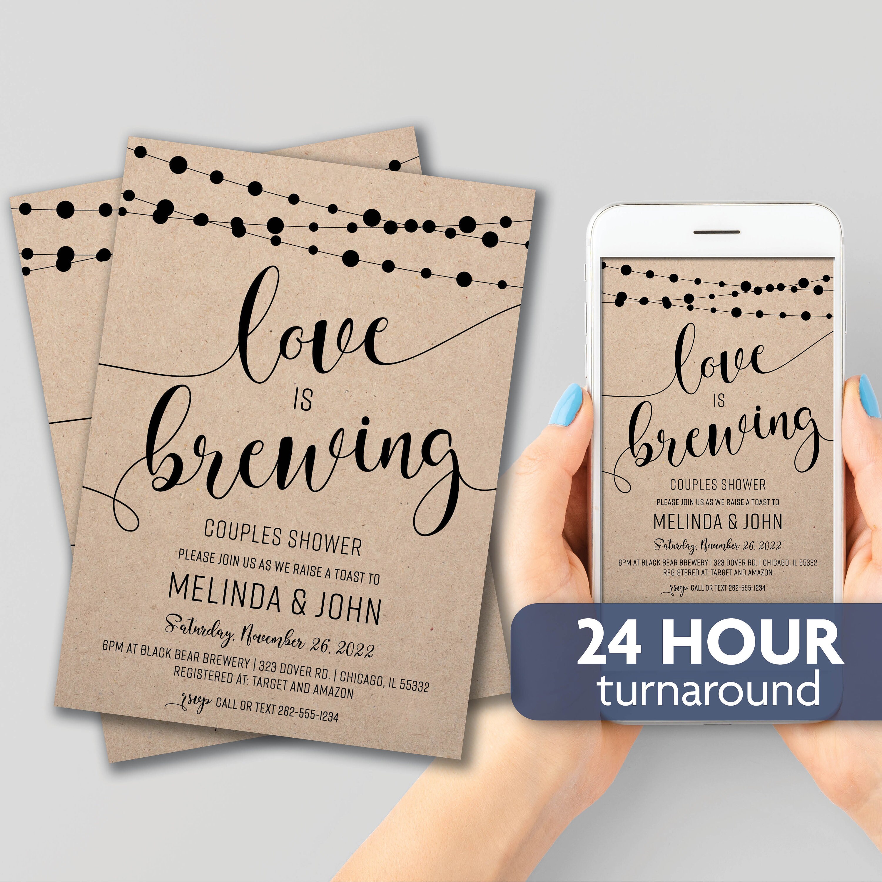 Brewery Shower String Lights Wood Love is Brewing Shower Invitation Raise a Toast Rustic Couples Shower Invites