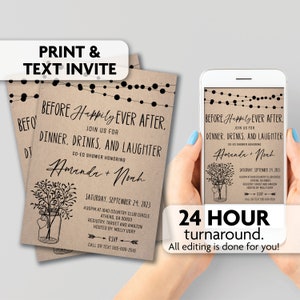 May include: A rustic brown invitation with string lights and a mason jar with flowers for a co-ed wedding shower for Amanda and Noah. The invitation includes the date, time, location, and RSVP information.  The text reads "Before Happily Ever After, Join us for Dinner, Drinks, and Laughter. Co-Ed Shower Honoring Amanda + Noah. Saturday, September 24, 2023, 4:30pm at 1840 Country Club Circle, Athens, GA 30633, Registry: Target and Amazon, Hosted by: Molly Usry, RSVP, Call or Text 555-699-2516."