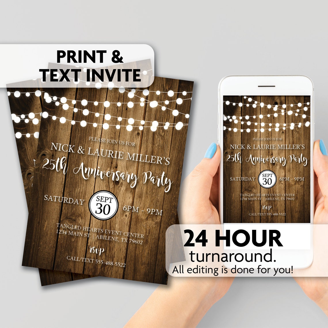 Rustic Anniversary Party Invitation | String Lights | Print, Text or ...