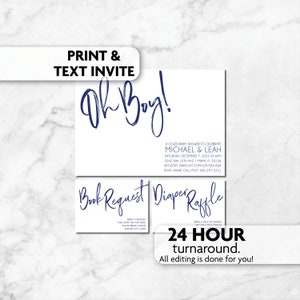 Oh Boy Baby Shower Invitation | Diaper Raffle | Book Request | Print, Text or Email Invite