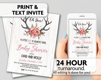 Oh Deer Baby Shower Invitations | Little Doe | Antlers | Print, Text or Email Invite