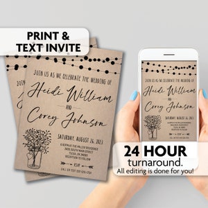 May include: A printable wedding invitation with a rustic brown background and black string lights. The invitation reads "Join us as we celebrate the wedding of Heidi William and Corey Johnson" with a date and time for the wedding ceremony and reception. The invitation also includes a small illustration of a mason jar with flowers.