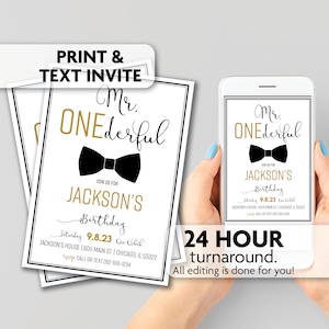 Mr. ONEderful Birthday Invitation | Gold and Black | Bow Tie | Print, Text or Email Invite