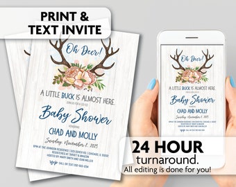 Oh Deer Baby Shower Invitations | Little Buck | Antlers | Print, Text or Email Invite