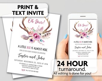 Oh Deer Baby Shower Invitations | Little Doe | Antlers | Print, Text or Email Invite