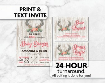 Oh Deer Shower Invitations | Little Doe | Oh Deer | Antlers | Hunting | Print, Text or Email Invite