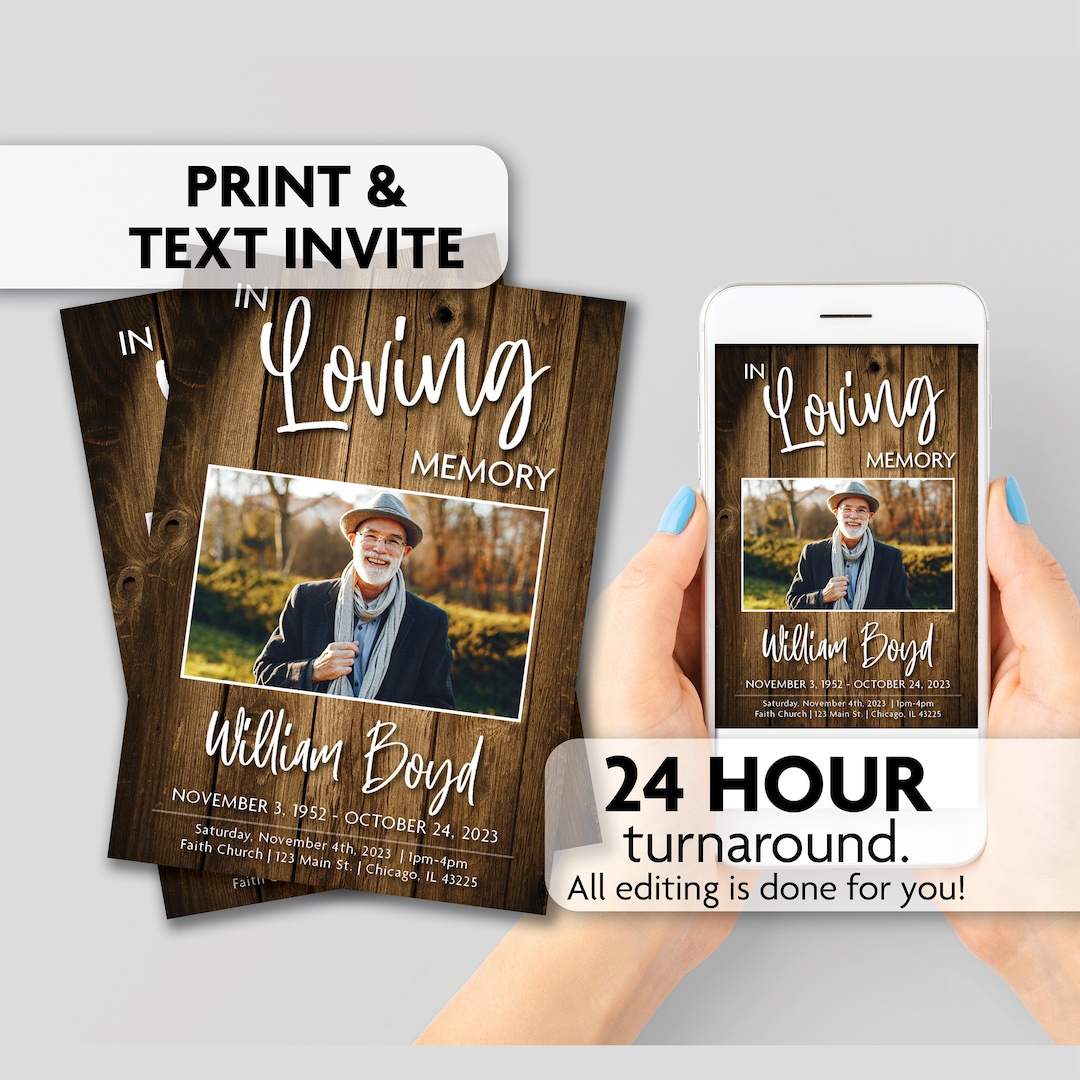 Memorial Card Celebration of Life Funeral Print, Text or Email Invite