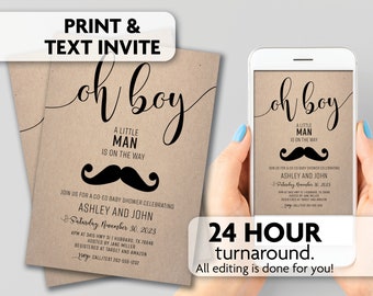 Oh Boy,  Little Man Baby Shower Invitations | Mustache | Print, Text or Email Invite