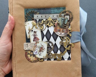 Diario di Alice nel Paese delle Meraviglie: Blocco note steampunk fatto a mano, formato A5
