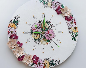 Handmade Floral Wall Clock: Mixed Media Art, 11.8" Diameter