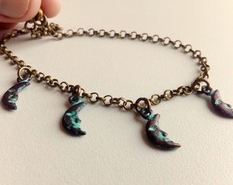 Stainless Steel Enameled Colorful Half-Moon Crescent Charm Link Chain Bracelet// Anklet