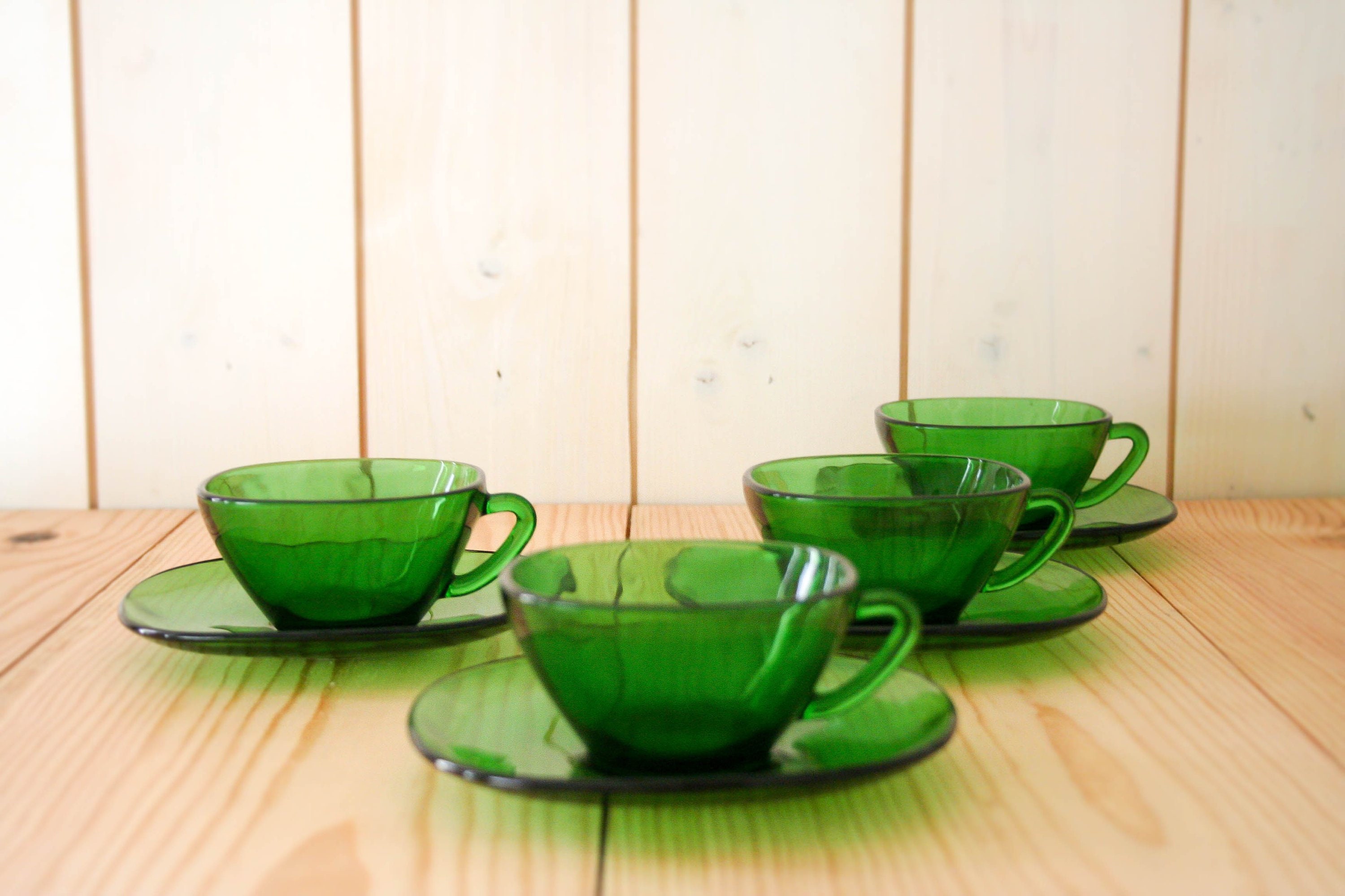 Emerald green glass coffee cups with saucers forest green Etsy