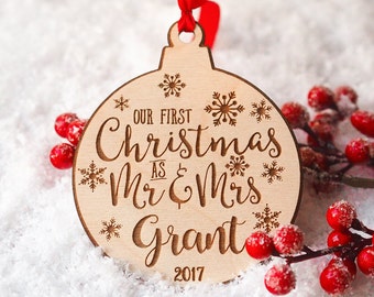 Our First Christmas Ornament Married - Personalized Christmas Ornaments - Mr and Mrs - Gifts Couple - Newlywed Gift - Just Married - Mr Mrs