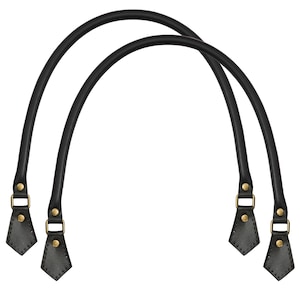 May include: Two black leather handbag handles with gold metal hardware. The handles are approximately 12 inches long.
