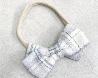 Grey Plaid Twist Bow Headband / Nylon Headband