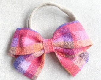 Vintage Pink Plaid - Schoolgirl Bow - Nylon Headband