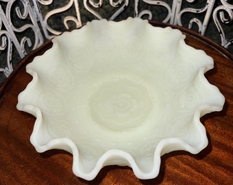 Vintage Fenton Medallion and Berries Custard   Glass Light Yellow Satin Scalloped Edges Bowl Uranium Glass Glows Beautiful with Black Light