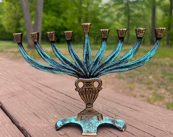 Vintage Brass Verdigris Menorah Brass/Metal Candle Holder Judaica Made in Israel 9 Branch Candelabra Tiny Taper Candles with Turquoise color