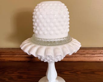 Fenton Fairy Lamp 3 Piece Milk Glass Hobnail Tealight Stamped Fenton