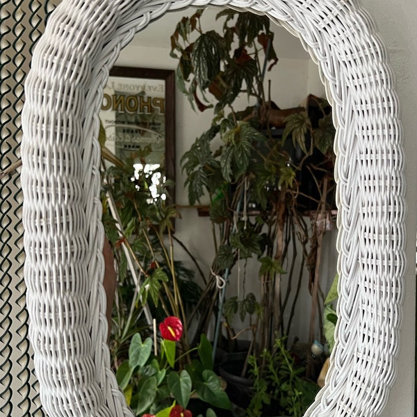 Vintage White Wicker Rattan Weaved Mirror Wall Hanging Bohemian BoHo 70's Oval Rounded Corners Painted Braided Wood
