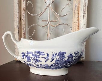 Vintage Churchill Blue Willow Blue and White Gravy Boat Made in England