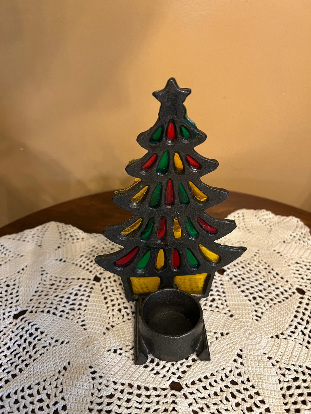 Vtg Cast Metal Christmas Tree Votive Candle Holder Stained Etsy