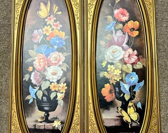 Beautiful Vintage Syroco Floral Wall Hangings by Eric Sage Floral Vases with Butterflies Gold Ornate Frames Gallery Wall Hollywood Regency