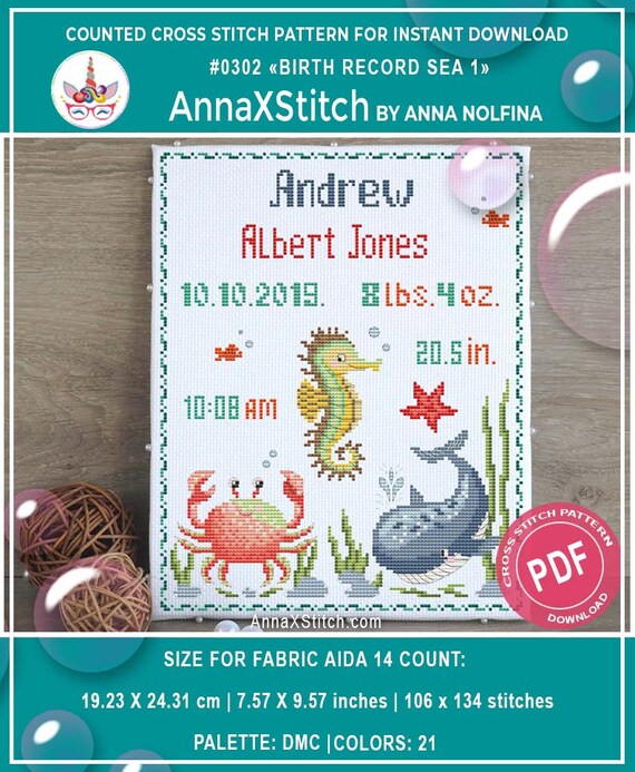 Baby birth announcement cross stitch pattern pdf Sea nursery Etsy