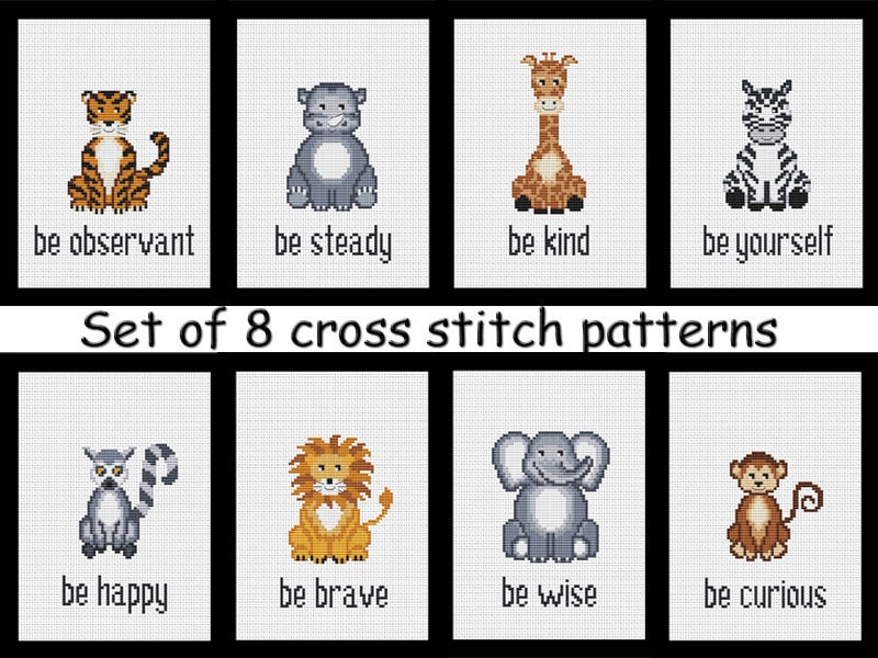 Jungle animals cross stitch pattern baby pdf /set of 8/ Etsy