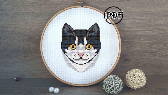 Black And White Cat Cross Stitch Pattern Pdf Geometric Pet Etsy
