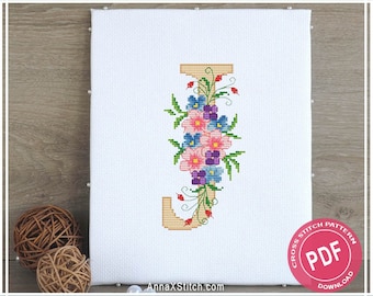Letter J - Initial cross stitch pattern pdf by AnnaXStitch - Floral nursery decor - Monogram needlepoint chart - Instant Download #0110