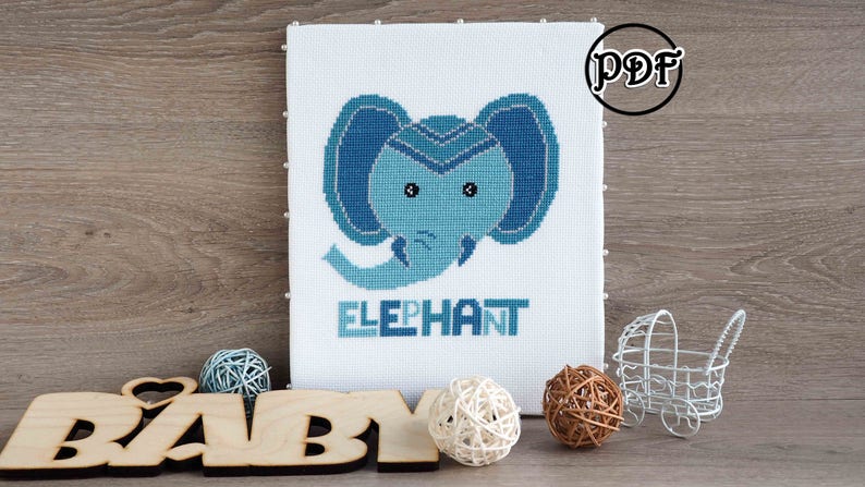 Baby ebroidery chart Elephant head cross stitch pattern pdf Instant download Jungle nursery needlepoint
