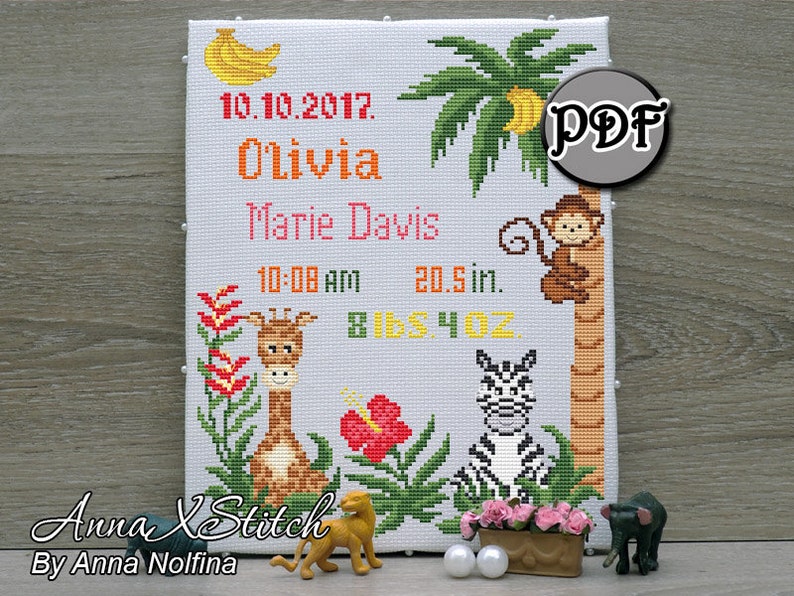 Safari animals Cross stitch pattern baby birth announcement Etsy