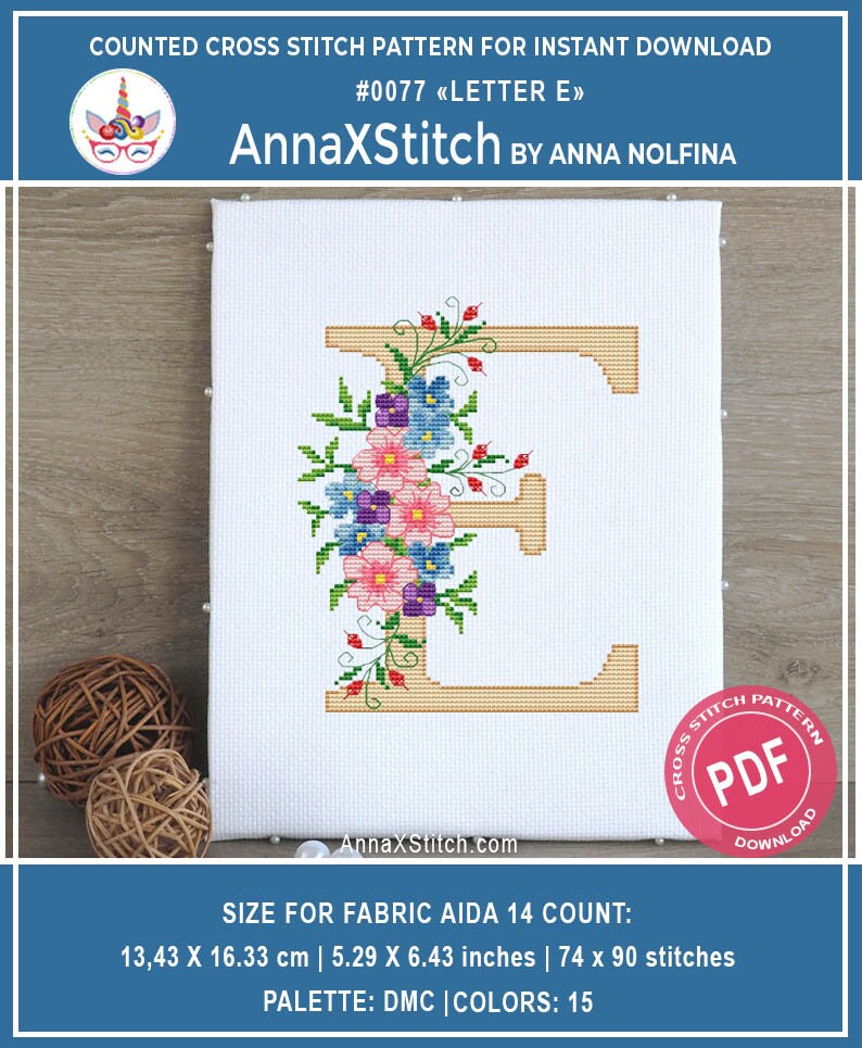 Letter E Initial cross stitch pattern pdf by AnnaXStitch Etsy