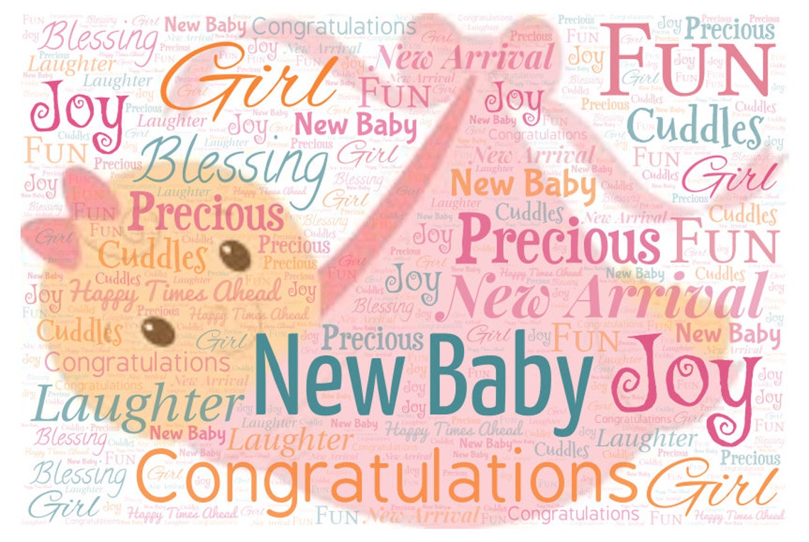 Personalised New Baby Girl Word Art Print Nursery Gift Family Gift Wall