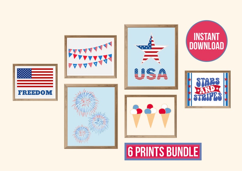 4th of July Wall Art Printable Bundle, Gallery Wall Art Set of 6 Prints ...