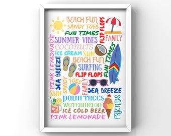 Summer Word Art, Beach Wall Art, Beach Poster, Printable Wall decor, Word Collage, DIGITAL DOWNLOAD